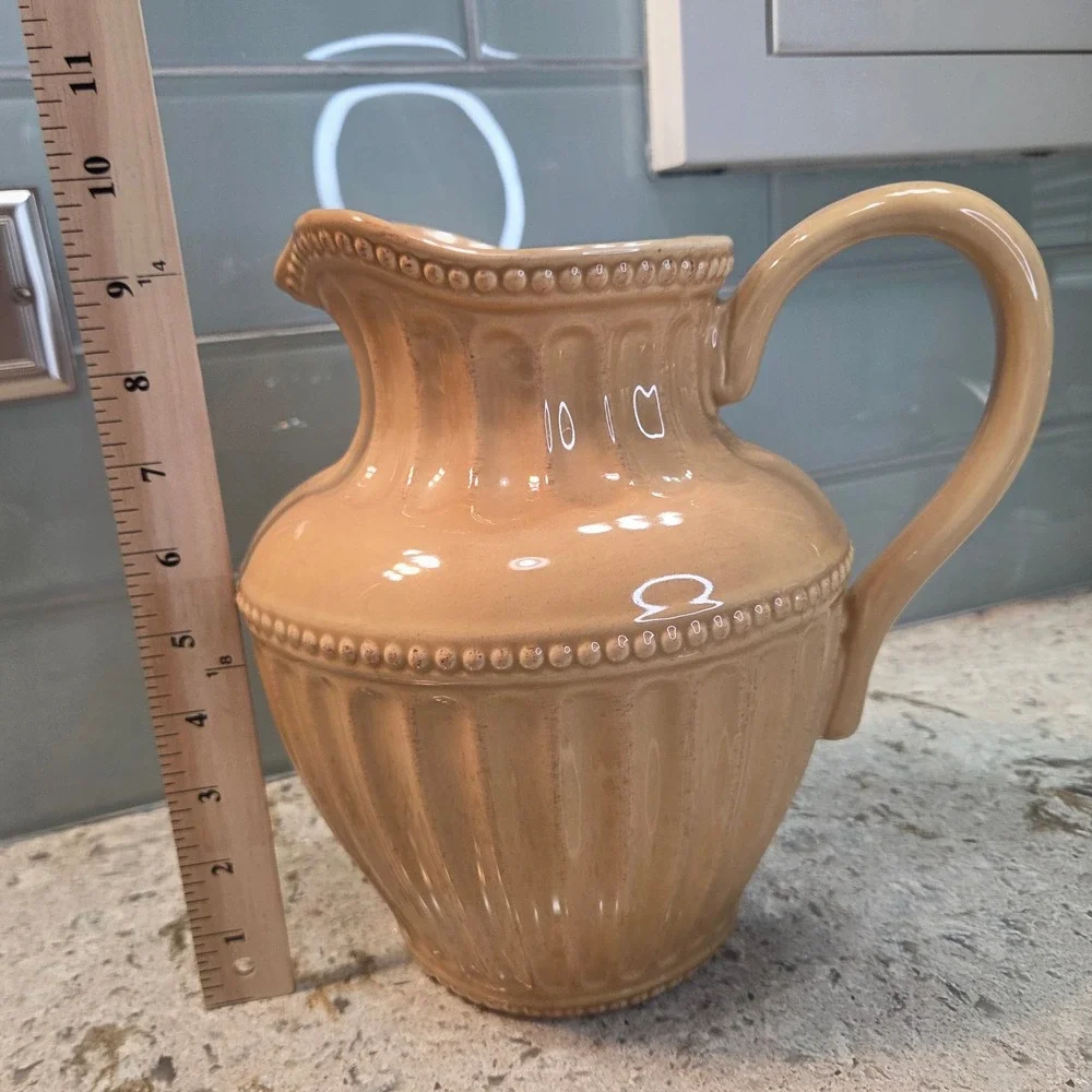 Retired Homestead by At Home America Gold Ceramic Pitcher Beaded Farmhouse Decor